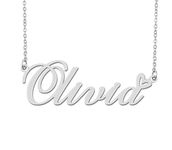 Silver Olivia Name Necklace Heart Charm Pendant Stainless Steel Mother Day Jewelry for Best Friends Familys 16"