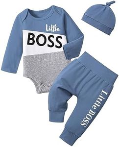 Oranchids Newborn Baby Boy Clothes Color Block Letter Print Long Sleeve Romper+Pants+Hat Fall Winter Outfits 3Pcs, Blue, Newborn