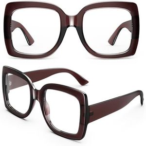 GQUEEN Oversized Fake Glasses Women Men Retro Thick Big Square Frame Clear Lens UV400 Protection Fashion Eyeglasses,Brown
