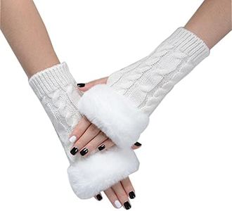CENZICOM Women Knit Fingerless Gloves, Arm Warmers with Faux Fur, Winter Fingerless Wrist Warmer Mittens (White)