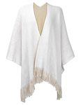 ZLYC Women's Reversible Winter Knitted Faux Cashmere Fringe Poncho Capes Shawl Blanket Wrap Sweater Coat (White)