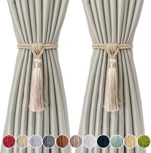 fenghuangwu Curtain Tiebacks Tassel Tie-Backs, Rope Curtain tie Backs Handmade Curtain Holdbacks Made from Polyester 2 Pack - Beige