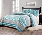 Mk Collection 3pc Full/Queen Size Bedspread Quilt Over size 106" x 95" Aqua Turquoise Coastal Plain" Grey Green" White Elegant Design # Oslo Aqua