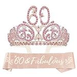 DORADREAMDEKO 60th Birthday Sash and Tiara for Women - Fabulous Glitter Sash + Forest Rhinestone Pink Premium Metal Tiara