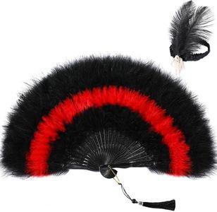 SOGUGOM Black Feather Fan with Headband - Renaissance & Rave, Handheld Marabou Feather Fans for 1920s Gatsby Party Accessory (Black & Red)