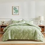 Nayoroom Sage Green Comforter Set Queen Size White Floral Plant Printed on Fluffy Bedding Sets 3 Piece Soft Microfiber Reversible Down Alternative Bed Set for All Season (1 Comforter, 2 Pillowcases)