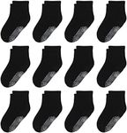 Toddler Boys Socks 3t-4t 5t 12 Pairs Toddler Socks with Grip Cotton Crew Non Slip Kids Socks for Little Boys Birthday Gifts Seamless Toe Black