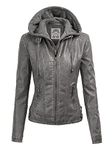 Made By Johnny MBJ WJC1044 Womens Faux Leather Quilted Motorcycle Jacket with Hoodie M Grey