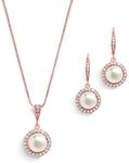 Mariell Pearl Bridal Wedding Necklace & Earrings Jewelry Set for Brides, Bridesmaids, Rose Gold Jewelry, Metal Gemstone Faux Pearl, Cubic Zirconia