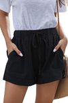 YOCUR Shorts for Women Cotton Linen Summer Casual Comfy Shorts Drawstring Pockets Mid Waisted Short Cuffed Hem Work Out Loose Shorts Pants Black M