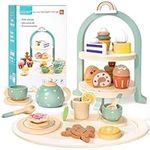 Tea Party Set for Little Girls with Cupcake Stand, Wooden Tea Set Toys for Girls Age 3 4 5 6 7 Year Old, Toddler Kids Kitchen Pretend Play Toys for Girls