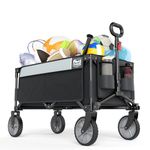 TIMBER RIDGE Collapsible Outdoor Folding Wagon Cart Heavy Duty Camping Patio Shopping Garden Cart with Side Bag Cup Holder,Grey