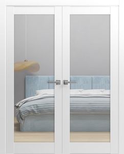 SARTODOORS Solid French Double Doors 72 x 96 inches Clear Glass Transparent | Lucia 2166 Matte White | Wood Solid Panel Frame Trims | Closet Bedroom Sturdy Doors