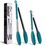 HOTEC Premium Stainless Steel Locking Kitchen Tongs with Silicon Tips, Set of 2-9" and 12", Turquoise