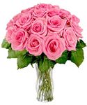 The FloralMart Glass Vase Arrangement of 15 Pink Roses Fresh Flowers with Greenery