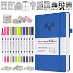 OFFIGIFT Bullet Dotted Journal Kit, 140gsm Hardcover A5 Dotted Journal with 188 Numbered Pages and 3 Index, 12 Brush Pens Dual Tip, 10 Stencils and 14 Washi Tape for Women Men Teen Girls, Navy