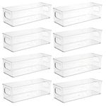 JAPCHET 8 Pack 25.5x9.7x7.6cm Fridge Storage Organiser Trays, Stackable Kitchen Cupboard Storage Trays, Clear Plastic Refrigerator Bins with Handles for Kitchen, Cupboard, Freezer, Pantry