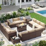 Aoxun Patio Furniture Sets, 15-Piece Outdoor Patio Furniture with 44'' Propane Gas Firepit Table, Wicker Outdoor Conversation Set Sectional Sofa for Backyard, Poolside, Garden