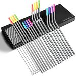 VEHHE Reusable Metal Stainless Steel Straws, 16-Piece Set of Metal Straws with Silicone Tips with Pouch - Long Drinking Straws with 4 Cleaning Brushes, for Beverage Cups