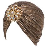 EORUBE Vintage Turban Hat with Crystal Brooch Feather Turban Headwraps for 1920s Gatsby Costume Cocktail Party (Brooch Style 1 - Darkgold)