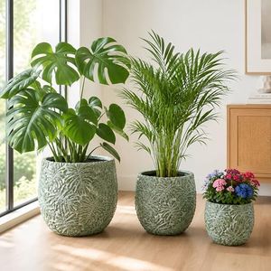 ShangDemonMaster Craft flowerpots 18"+13"+9" Dia Round Concrete Planter Set of 3 Large Outdoor/Indoor Planter Pots Containers with Drainage Holes and Rubber Plug for Home Garden (Green, Large)