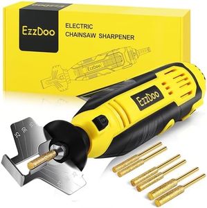 EzzDoo Electric Chainsaw Sharpener Kit with TITANIUM-PLATED Diamond Bits - High-Speed Chain saw Sharpener Tool and 6 High Hardness Sharpening Wheels For All Chainsaw Chains.