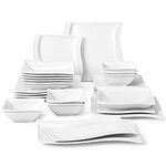 MALACASA Dinner Sets, 26-Piece Plates and Bowls Set Porcelain Tableware Square Dinnerware Set with 6 Piece Dinner Plates/Dessert Plates/Soup Plates/Bowls and 2 Rectangular Plates, Series Flora, White