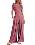 Ekouaer Women's 2 Piece Lounge Sets Short Sleeve Pajama Set Ribbed Knit Crop Top Wide Leg Pants Loungewear,Old Rose,S