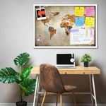 ArtzFolio Grunge Map of The World | Bulletin Board Notice Pin Board | Vision Soft Board Combo with Thumb Push Pins & Sticky Notes | White Frame | 23.6 x 16 inch (60 x 41 cms)