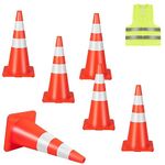 COSTWAY 6 Pack Traffic Cones, High Visibility Orange Road Safety Cones with Reflective Collars and Safety Vest, Self Weighted PVC Construction Cones for Driving Training Parking