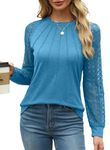 Aokosor Long Sleeve Tops Women Tops for Women UK Plain Crew Neck Pleated Shirt Loose Casual Blouse for Women Tunic Shirt Ladies Jumpers Size 14-16 Sky Blue