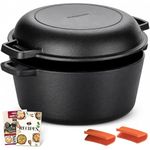 Overmont 2 in 1 Cast Iron Dutch Oven with Cookbook Recipe 5 QT Dutch Oven Pot + 1.6 QT Dual Function Skillet Lid Pre Seasoned with Handle Covers for Camping Home Cooking BBQ Baking