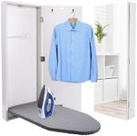 Ivation Wall-Mounted Ironing Board Cabinet, Foldable Ironing Storage Station for Home, Apartment, Easy-Release Lever, Garment Hooks, with Full Mirror Door, White