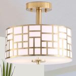 Sheenkarion Gold Semi Flush Mount Ceiling Light,Modern Ceiling Drum Light Fixtures with Round Metal and Glass Shade for Bedroom Hallway Kitchen Dining Living Room Foyer Entry