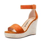 CASTAMERE Women High Heel Wedge Platform Peep Open Toe Ankle Strap Sandals Wedding Party Dress 3.9 Inches Heels, Orange Suede, 12.5