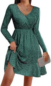 Zeagoo Robe de Noël élégante pour femme - Robe d'hiver à paillettes - Manches longues - Col en V - Ourlet à volants - Robe midi brillante, Lac Vert, Large