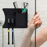 Frafuo Shower Toothbrush Holder for Shower Wall-Couples Black Adhesive Toothbrush Holder for Shower-Waterproof Holes in Bottom+Small Jewelry&Ring Shelf-Reusable Mirror Toothbrush Holders