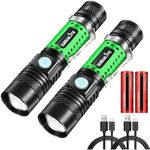 Rechargeable Flashlight [2 Pack], Wowlite Tactical Flashlight with Clip - High Lumens, 4 Light Modes, Water Resistant, Zoomable, Pocket-Sized LED Flashlight for Emergency Camping Hiking (Green)