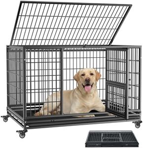 Gardner Pet 43 inch Stackable Heavy Duty Dog Crate,Indestructible Escape-Proof Dog Kennel for Medium Dogs,High Anxiety Dog Cage with Upgraded Lockable Wheels，Removable Tray & Triple Door,Black