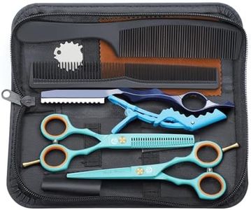 Purple Dragon 5.5 inch Hair Cutting Scissors Set with Razor, Leather Scissors Case, Barber Hair Cutting Shears Hair Thinning/Texturizing Shears for Professional Hairdresser or Home Use (Blue)