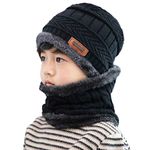 XYIYI Kids Winter Knit Hat and Scarf Set, 2Pcs Warm Fleece Lining Beanie Cap and Scarf for 5-14 Year Old Boys Girls (Black)