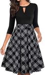 YATHON Women's Vintage Floral Flared A-Line Swing Casual Party Dresses with Pockets, Yt018-black Plaid-3/4, Small