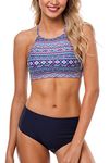 CharmLeaks Women High Neck Bikini Swimwear Cross Back Vintage Swimsuit Navy Aztec L