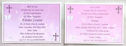 Personalised Girls First Holy Communion or Confirmation Invitations, Pink or Lilac Butterfly Design. With/Without Photo. 25, 32, 40 or 50 Invitations + Free Envelopes