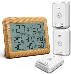 ORIA Indoor Outdoor Thermometer with 3 Wireless Sensors, Digital Hygrometer Thermometer, Temperature Humidity Monitor with LCD Backlight, for Home, Office, Bedroom (Wooden Yellow)