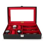 LEDO Watch Box and Sunglass Case Holder Organizer with 6 Slots for Watches and 3 Slots for Sunglasses in Black and Cherry color