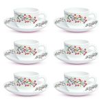 Larah by BOROSIL Silk Series Red Bud Opalware Cup and Saucer Set of 12 pcs | Tea/Coffee Cups 140 ml | Microwave & Dishwasher Safe, Bone-Ash Free | Crockery Set Ideal for Daily Use & Gifting, White