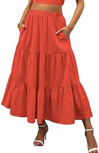 ANRABESS Women’s Summer Boho Flowy Swing Tiered A-Line Midi Skirt 2025 Fashion Trendy Elastic Waist Pleated Long Beach Dress with Pockets Orange Large