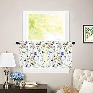 VOGOL Kitchen Curtains 24 Inch Length, Blue Birds Print Linen Texture Mini Tier Curtains for Living Room Bathroom Cafe Door Windows, Short Curtains for Windows 30 x 24, 2 Panels