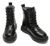 DADAWEN Boys Girls Waterproof Outdoor Lace-Up Combat Boots With Side Zipper for Kids, Black Leather, 2 Little Kid